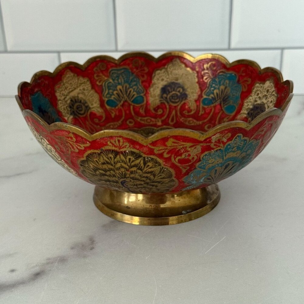 Handcrafted Brass Bowl With Scalloped Edges & Peacock Design In Red/Blue/Gold
